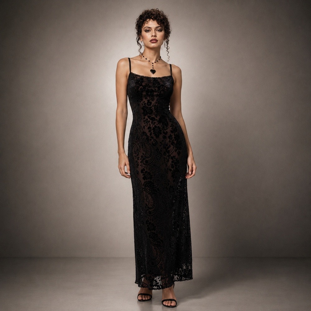 Jodi Kristopher Maxi Dress Womens 4 Black Vintage 90s Velvet Burnout Whimsigoth